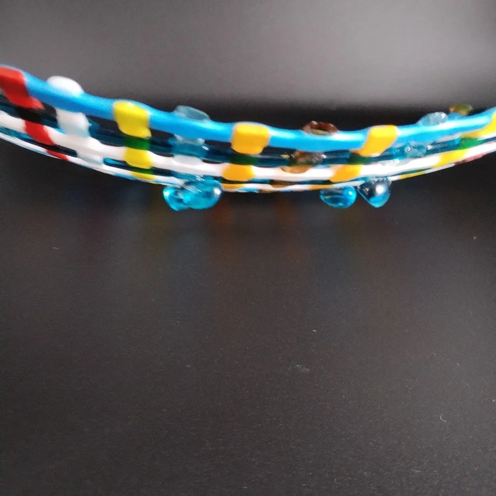 Vintage Fused Art Glass Lattice Tray Woven Grid Bowl Platter Colorful Blue Feet